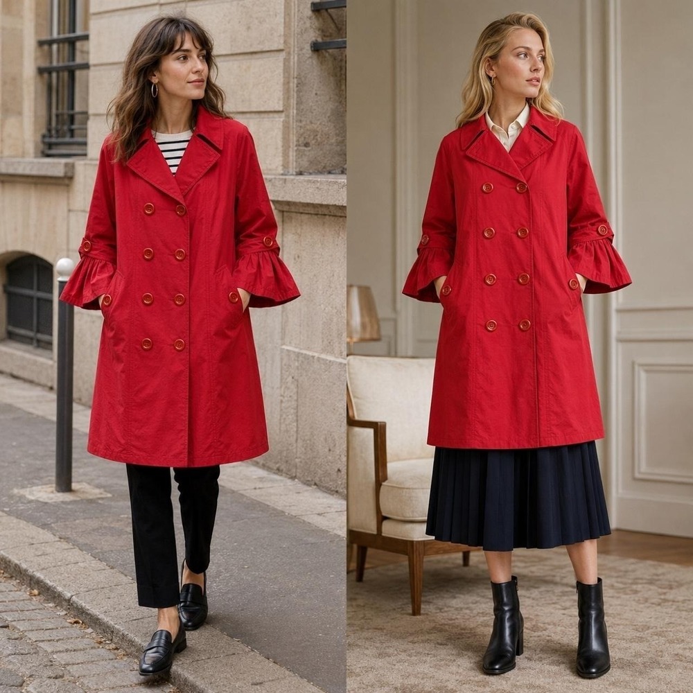 TCEC Red Trench Coat Women's M Double Breasted Bell Sleeve French‎ Girl Dopamine